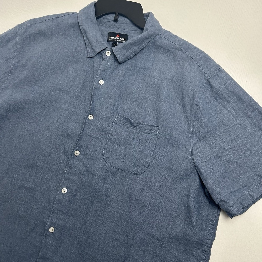 American Giant Shirt Men's XL Blue 100% Linen Short Sleeve Pocket Made In USA